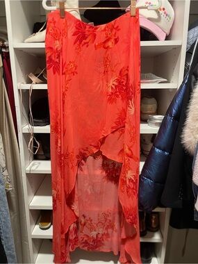 AllSaints Coral Red Floral High-Low Wrap Skirt
